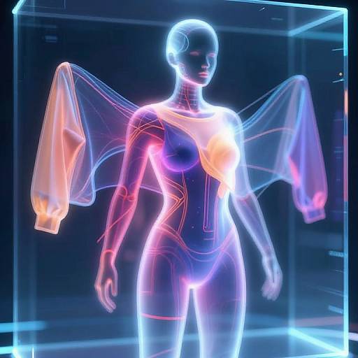Neon-lit CGI of a futuristic, glowing, nude female figure with translucent, wing-like appendages, encased in a transparent cube.