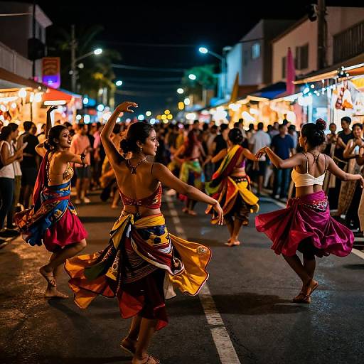 Photograph of vibrant nighttime street festival: Dancers in colorful, traditional skirts and halter tops perform in the foreground, surrounded by a lively crowd and