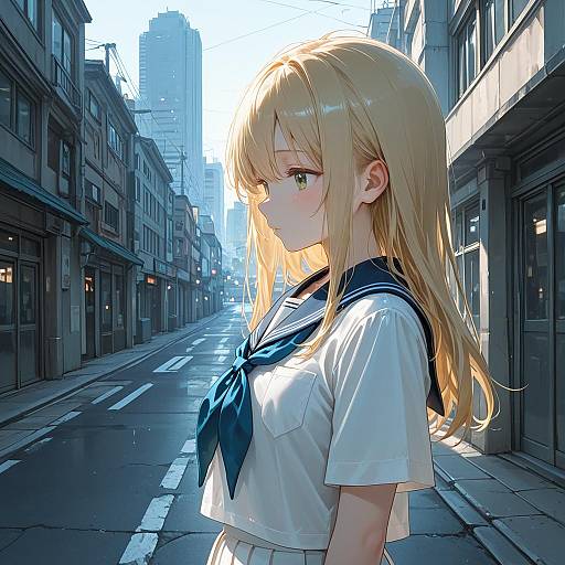 Blonde Schoolgirl in Cityscape