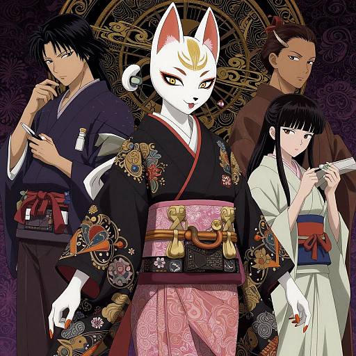 Anime-style digital artwork of four characters: white fox mask-wearing woman in ornate kimono, three men in traditional attire, dark and intricate background
