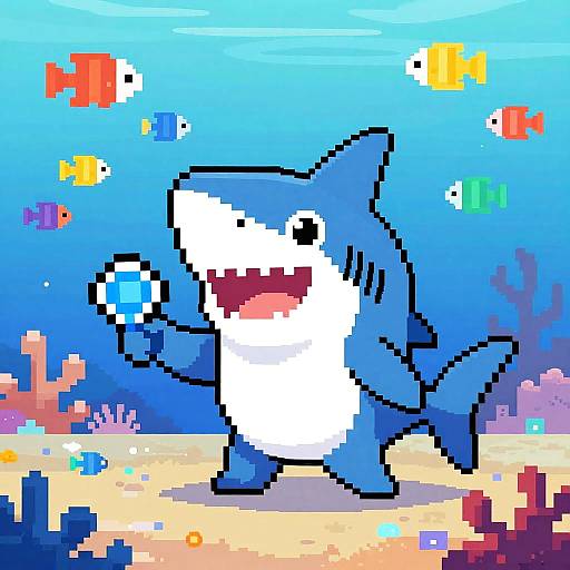 Pixel art of a joyful blue and white cartoon shark holding a blue gem, surrounded by colorful fish in a vibrant underwater scene.