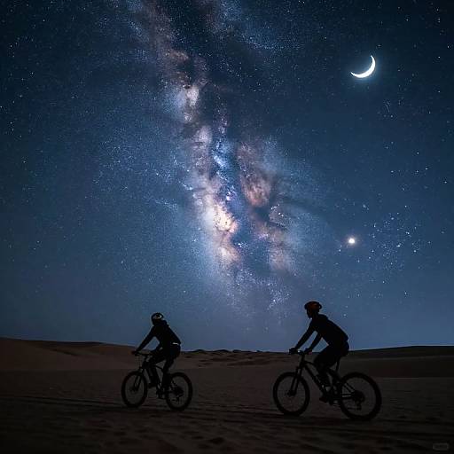Silhouetted cyclists ride under a starry night sky with the Milky Way and crescent moon in a desert landscape. Photograph.