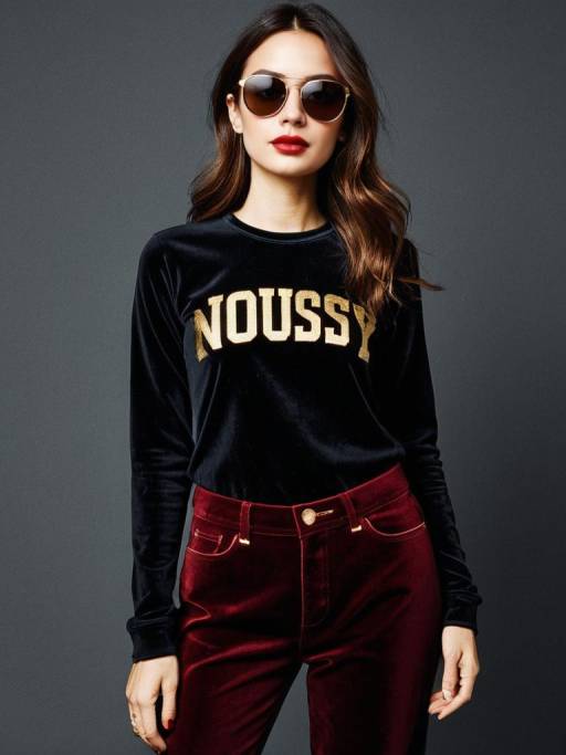 Stylish Woman in Black Graphic Tee and Red Velvet Pants