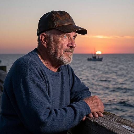 Photograph of a bearded, middle-aged man in a dark cap and navy sweater, gazing at a sunset over the ocean with a boat in