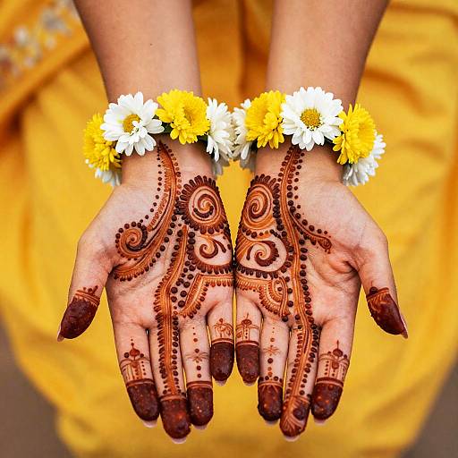 Henna Adorned Hands with Floral Garland