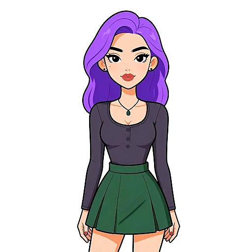 Digital anime-style drawing of a woman with purple hair, black long-sleeve top, green skirt, and necklace, standing against a white background.