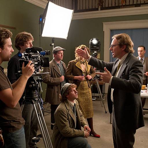 Photograph of a film set: Director in a gray suit, gesturing to actress in a plaid coat, surrounded by camera operators and crew in