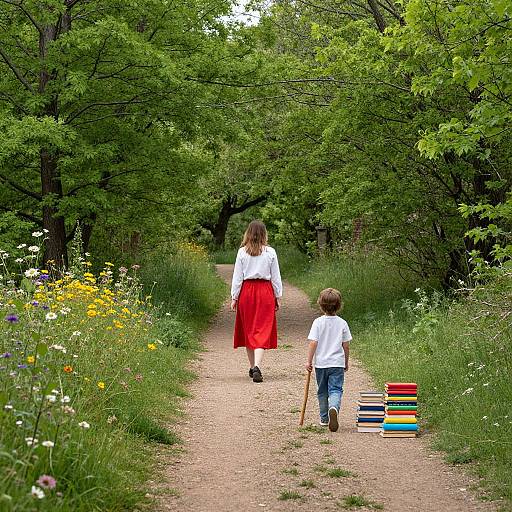 Photograph of a woman in a white blouse and red skirt, and a young boy in a white shirt, walking a gravel path lined with green trees