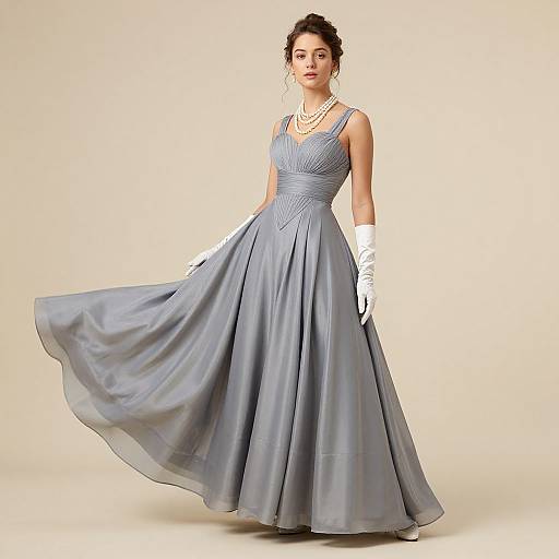 Photograph of a woman in a floor-length, silver-gray, sleeveless ball gown with a pleated skirt, wearing white gloves, pearl necklace,