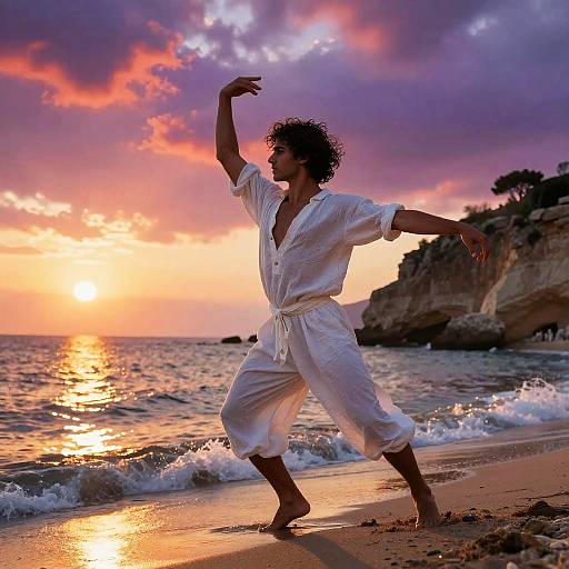 Photograph of a curly-haired woman in white, loose-fitting clothes dancing on a beach at sunset, with vibrant pink, orange, and purple skies