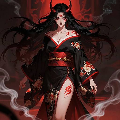Digital illustration of a red-eyed, black-haired demon woman with horns, wearing a black kimono with red floral patterns and a red obi, featuring