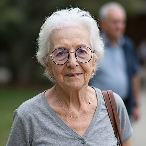 Photograph of an elderly white woman with short white hair, round glasses, gray V-neck shirt, gold earrings, and brown shoulder bag, smiling slightly