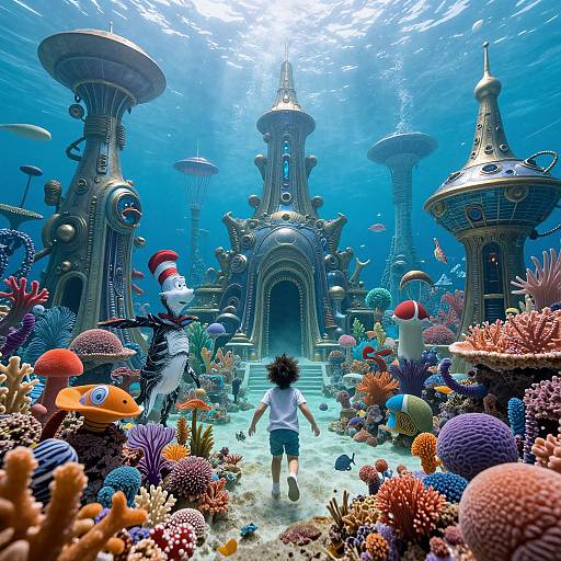 Photograph of a colorful underwater fantasy scene with a child in white shirt and blue shorts approaching whimsical, metallic, dome-shaped towers surrounded by vibrant coral
