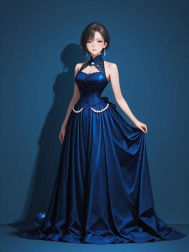 Elegant Woman in Navy Blue Ball Gown
