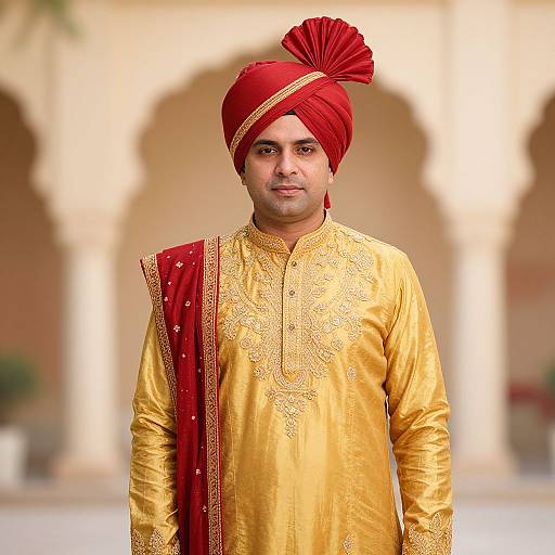 Photograph of a South Asian man in a gold embroidered kurta, red turban with a large fold, and red dupatta, standing in a