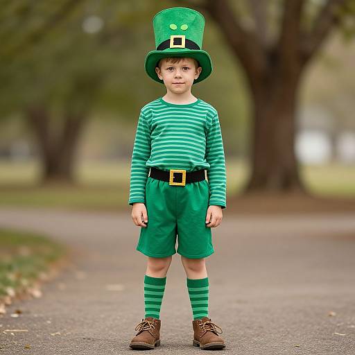 Photograph of a young boy in a green leprechaun costume, including hat, striped shirt, shorts, knee socks, and brown shoes,