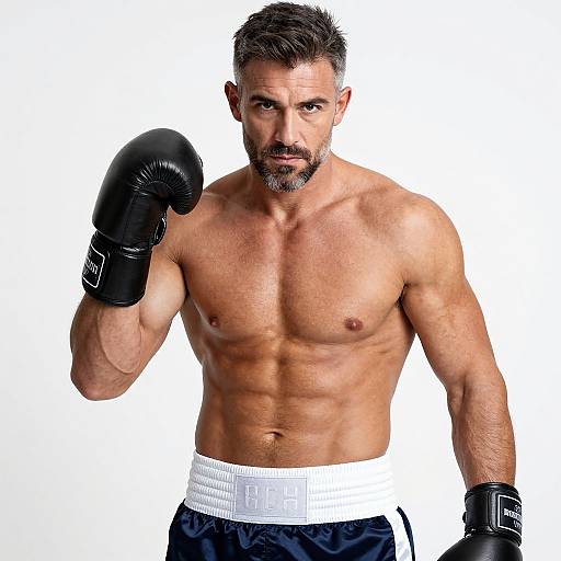 Photograph of a muscular, bearded man with short dark hair, wearing black boxing gloves and white-waist black shorts, striking a boxing pose