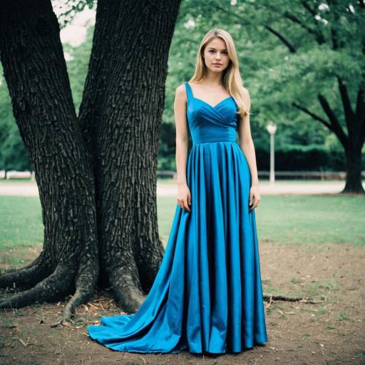 Woman in Elegant Blue Satin Dress Outdoors