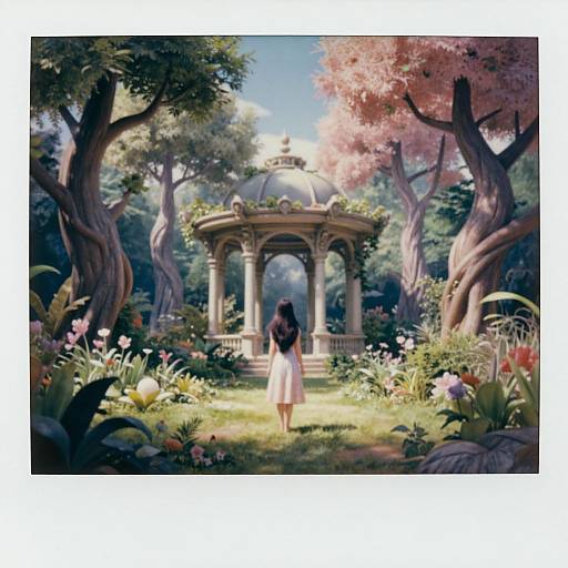 Digital fantasy artwork: A young woman in a white dress stands before a lush, sunlit garden, approaching a classical gazebo surrounded by twisted trees and