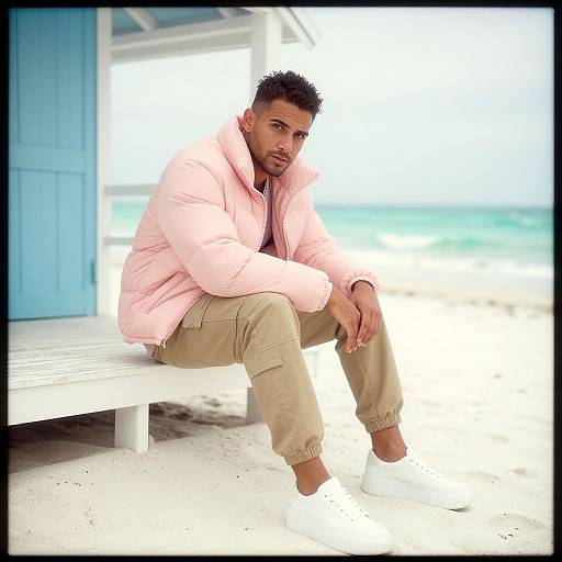 Photograph of a muscular, dark-haired man with a beard, wearing a pink puffer jacket and beige pants, sitting on a white bench by a