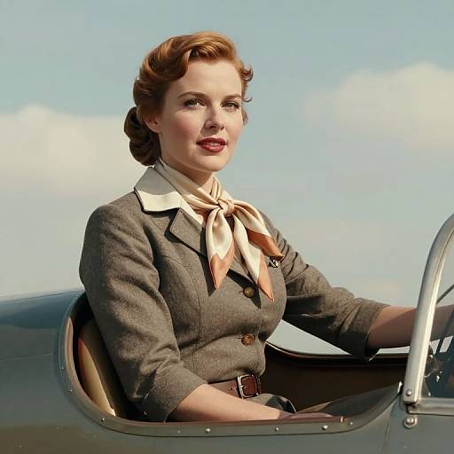 Vintage-style photograph of a red-haired woman in a gray pilot's uniform with a cream scarf, sitting in a classic airplane cockpit against a clear blue sky