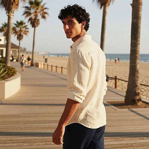 Photograph of a young man with curly dark hair, wearing a white button-up shirt and navy pants, standing on a sunny beach boardwalk with palm