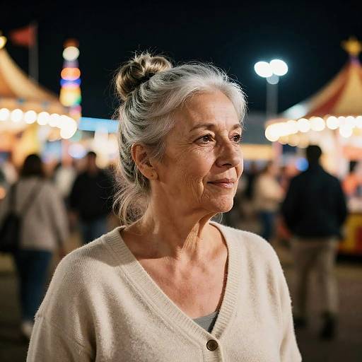 Photograph of an elderly woman with gray hair in a bun, wearing a cream cardigan, smiling softly in a brightly lit, bustling nighttime fair.