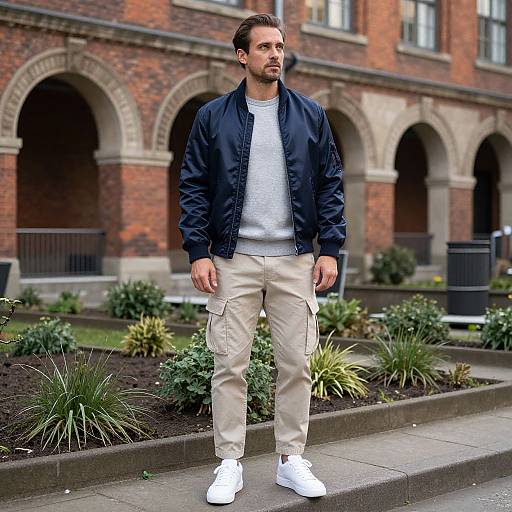 Photograph of a bearded man in a black jacket, white tee, beige cargo pants, and white sneakers, standing outside a brick building with ar