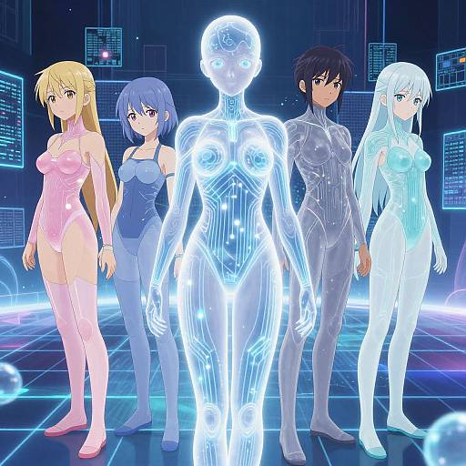 Digital anime artwork of five characters: four in glowing bodysuits (blonde, blue-haired, dark-haired, white-haired), one transparent humanoid with