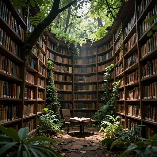 Photograph of a sunlit, circular library with towering wooden bookshelves, lush green plants, and a central wooden table amidst a stone-paved