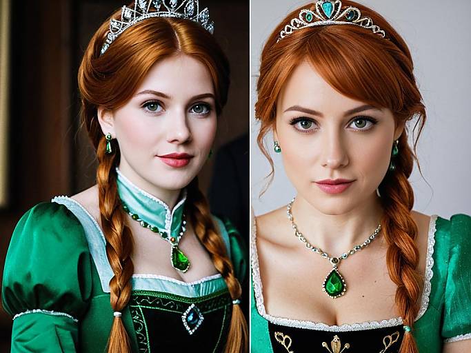 Photograph of a fair-skinned, red-haired woman in a green medieval dress with braids, tiara, green pendant, and earrings, shown