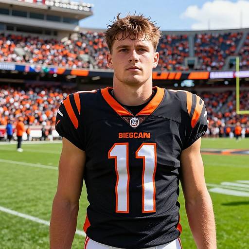 Photograph of a young male football player with short brown hair, wearing a black and orange Cincinnati Bengals jersey number 11, standing on a green football