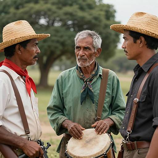 Three men in traditional attire outdoors