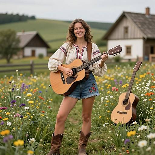 Photograph of a smiling young woman with wavy brown hair, wearing a white embroidered blouse, denim shorts, and brown boots, playing a guitar in