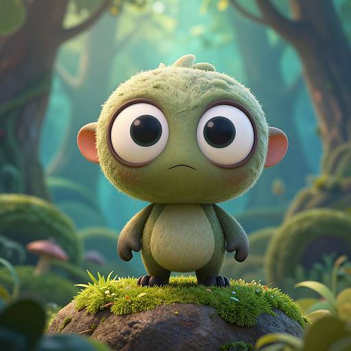 CGI cartoon of a cute, green, wide-eyed, small, fuzzy forest creature with large ears standing on a mossy rock in a sunlit