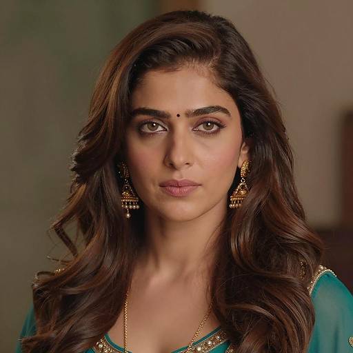 Indian Woman with Long Wavy Hair and Gold Jewelry