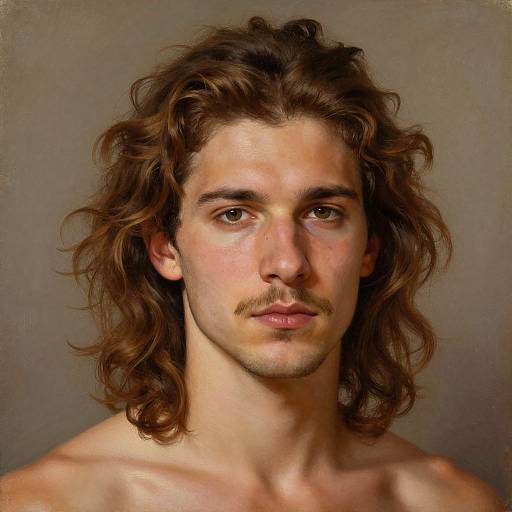 Photorealistic digital portrait of a young, shirtless man with long, wavy brown hair, light skin, brown eyes, and a small must