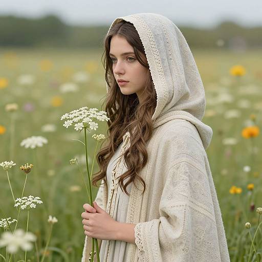 Young woman with long brown hair, wearing a white embroidered hooded robe, holding white wildflowers, standing in a colorful meadow. Photorealistic