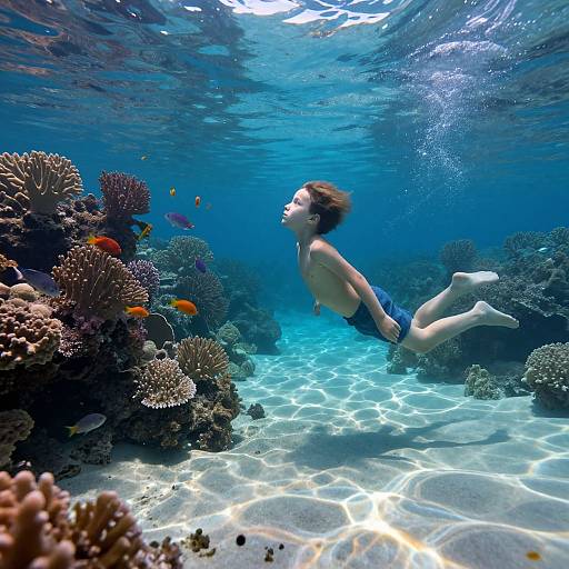 Underwater photograph of a topless woman with short brown hair, wearing blue swim trunks, swimming among colorful coral reefs and fish, illuminated by sunlight