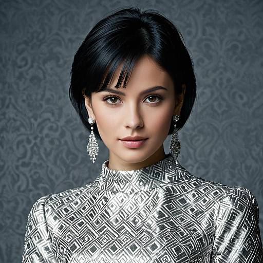 Elegant Woman in Silver Jacquard Dress