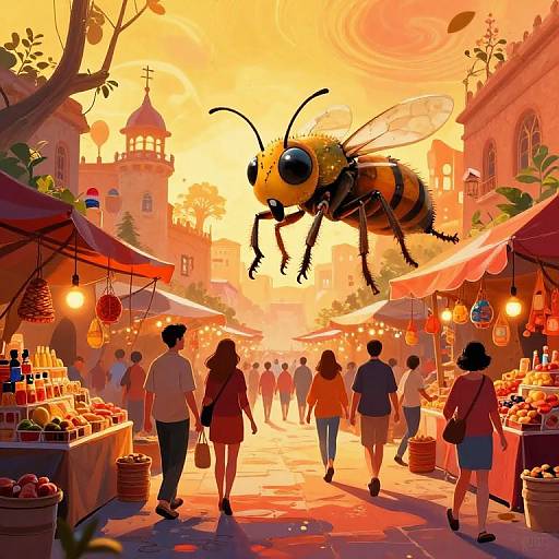 Digital illustration: Vibrant outdoor market at sunset with a giant bee mid-flight above, people walking between colorful stalls with hanging lanterns. Warm, orange