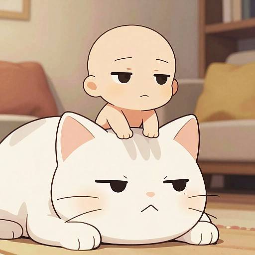 Digital cartoon of a bald, expressionless baby sitting on a large, white, half-asleep cat's back in a cozy living room.