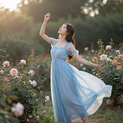 Photograph of a young woman in a flowing light blue dress, standing in a sunlit rose garden, with pink roses and green foliage, her arm
