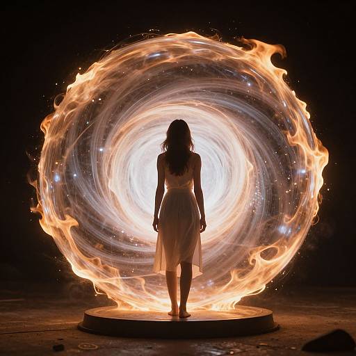 Photograph of a silhouetted woman in a white dress, standing on a circular platform, surrounded by a swirling, fiery vortex against a dark