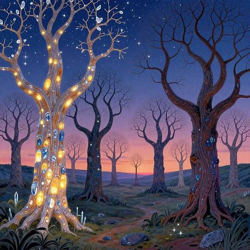 Fantasy digital art: glowing tree with lanterns in twilight forest, starry sky, leafless trees, colorful sunset horizon, dark grass, scattered