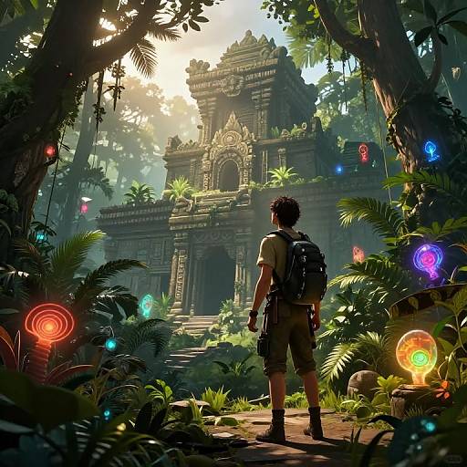 Digital art: Adventurer with backpack, facing ancient, sunlit Hindu temple, surrounded by vibrant glowing orbs and lush jungle foliage.