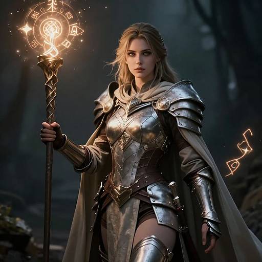 Digital artwork of a fierce, blonde, armored woman holding a glowing magical staff in a dark, forested setting. Her detailed, metallic armor contrasts with