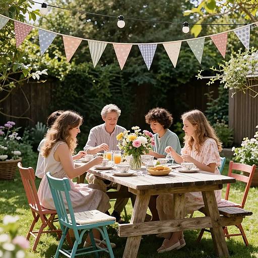 Photograph of four friends, two men and two women, sitting at a wooden picnic table in a sunlit garden, enjoying drinks and conversation under colorful