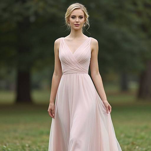 Photograph of a blonde woman in a sleeveless, light pink, V-neck, floor-length dress standing in a green, tree-filled park.