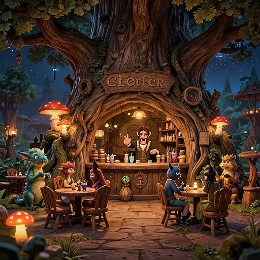 Whimsical forest tavern under a giant tree, illuminated by glowing mushrooms. Fantastical creatures, including goblins and a bartender, serve drinks to